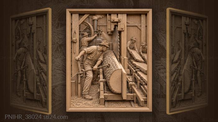 Lumberjack sawing timber steam power 3d STL model