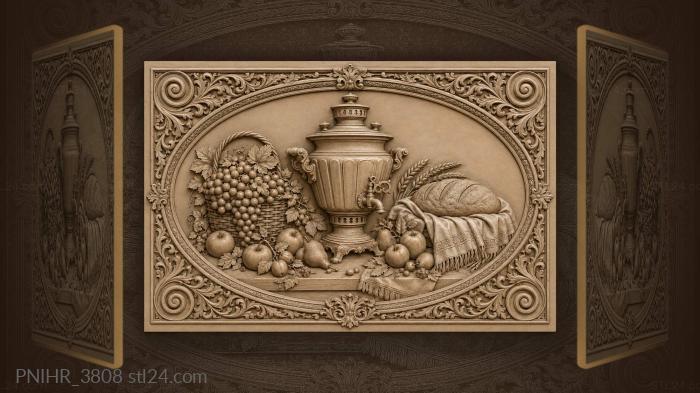 Samovar serves fruit beside covered bread 3d STL model