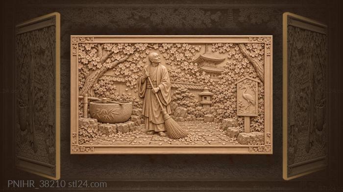 Peaceful temple garden scene monk 3d STL model