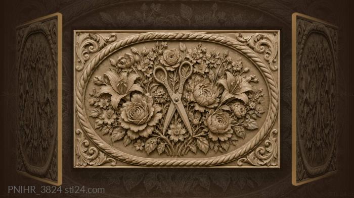 Open shears lying among roses and peonies 3d STL model