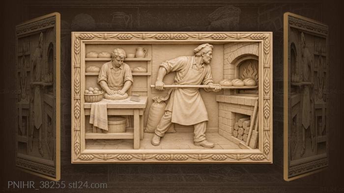 Baker with bread and oven fire 3d STL model