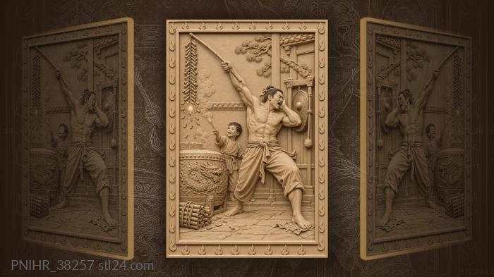 Firecracker string on bamboo pole and gong 3d STL model
