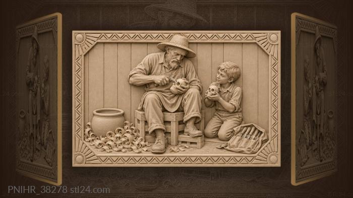 Grandfather shapes a skull beside apprentice 3d STL model