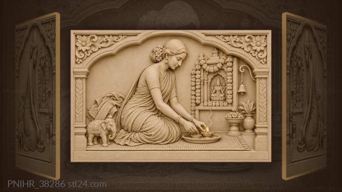 Woman lights a clay lamp at shrine 3d STL model