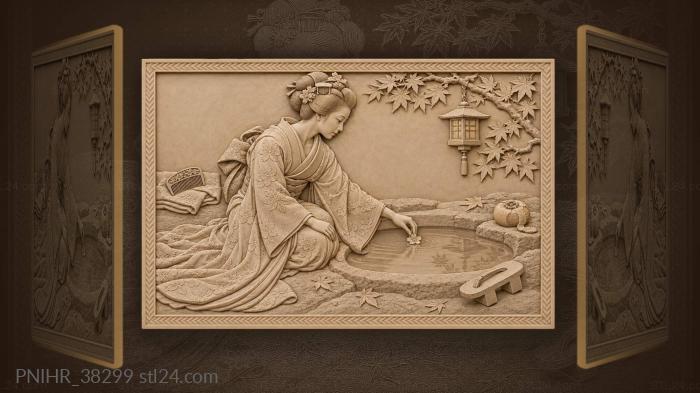 Geisha with blossom and stone basin 3d STL model