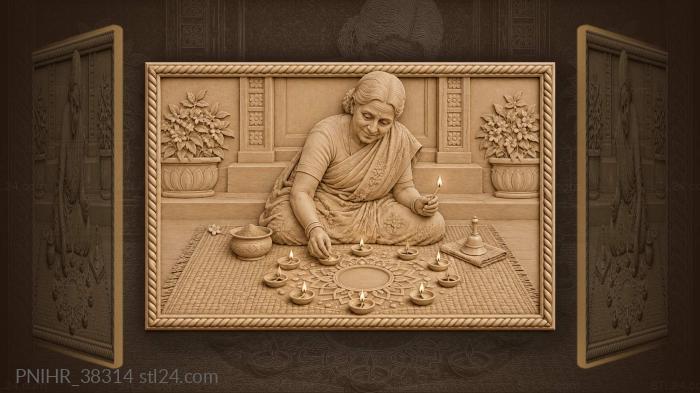 Grandmother lighting clay lamps kolam 3d STL model