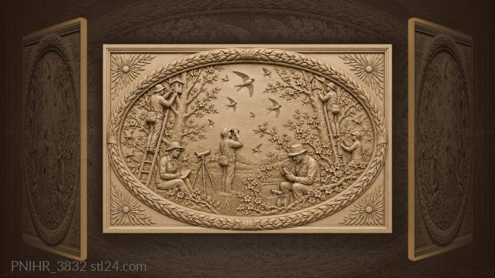 Bird watchers hanging boxes on flowering trees 3d STL model