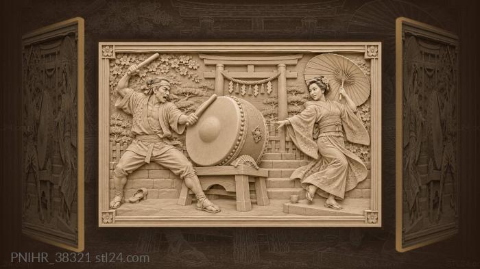 Taiko drummer and dancing geisha 3d STL model