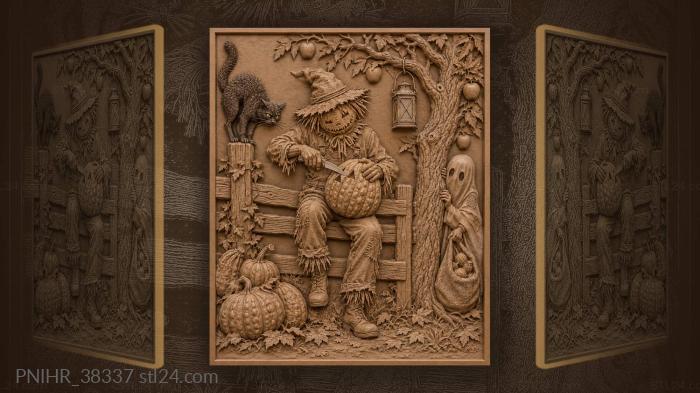 Halloween scarecrow carving pumpkins night 3d STL model