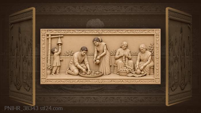 Young man arranges diyas with woman 3d STL model