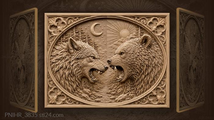 Wolf and bear moon sun fight 3d STL model