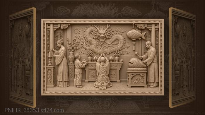 Kneeling monk offering incense to dragon 3d STL model