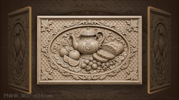 Silver teapot gathers bread oranges and hazelnuts 3d STL model