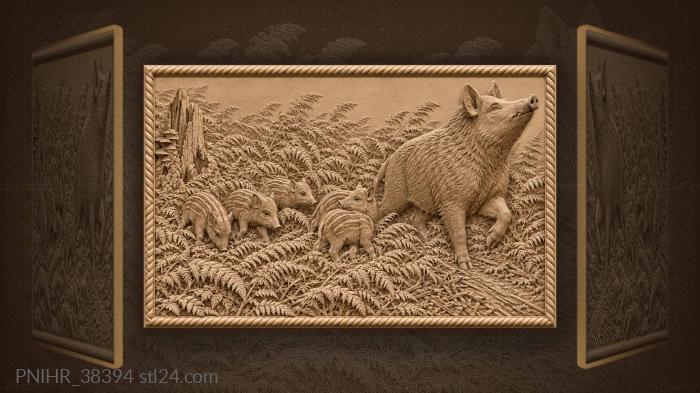 Wild boar family in bracken 3d STL model