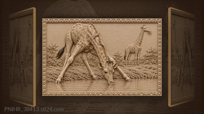 Giraffe drinking at waterhole lookout 3d STL model