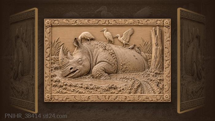 Egrets ride on the rhino back 3d STL model
