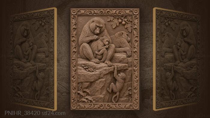 Young baboon chews grass beside mother 3d STL model