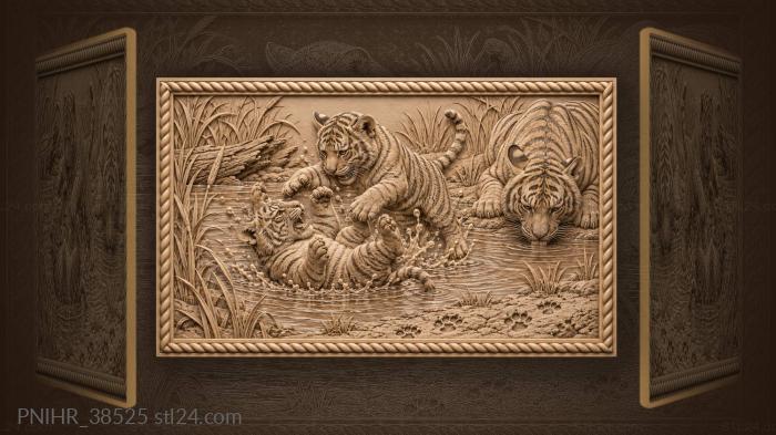 Drinking tigress lets her cubs wrestle nearby 3d STL model
