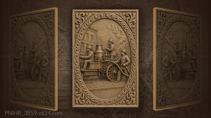 Firefighter works the hose beside brick buildings 3d STL model
