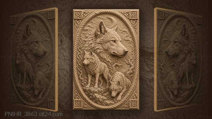 Wolf head between two wolves under moon 3d STL model