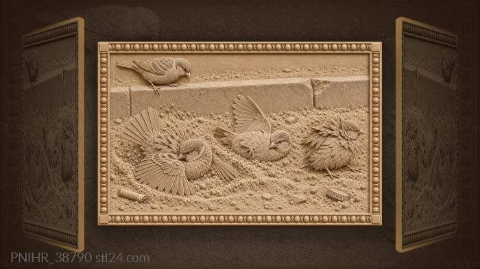 Four sparrows bathe beside chipped curb 3d STL model