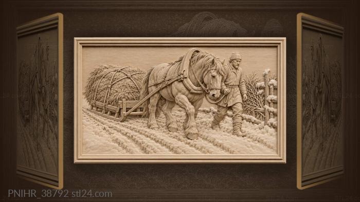 Driver leads horse through snowy ruts 3d STL model