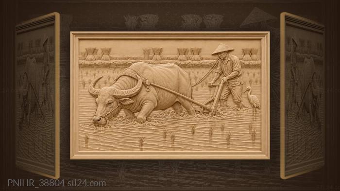 Farmer guides buffalo past waiting heron 3d STL model