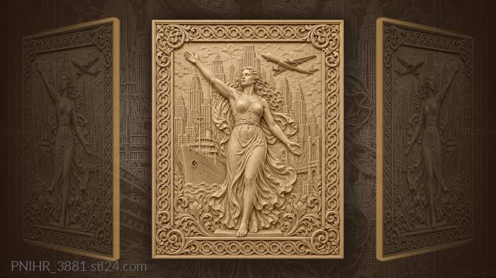 Woman before skyscrapers a ship and plane 3d STL model