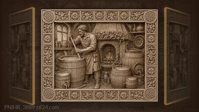 Brewer beside barrels and a fireplace 3d STL model