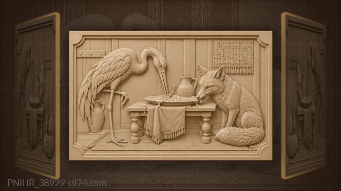 Crane taps porridge beside the fox 3d STL model