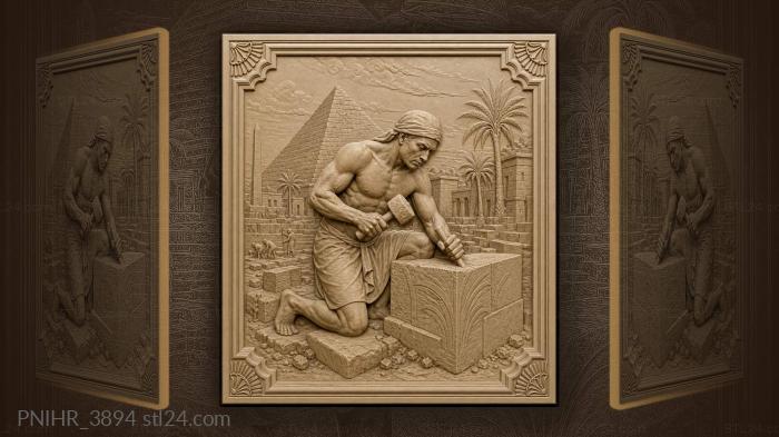 Worker before a pyramid and the city 3d STL model