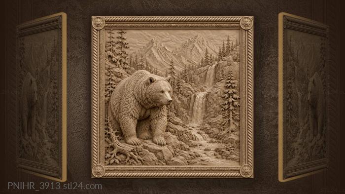 Bear beside a waterfall on rocky slopes 3d STL model