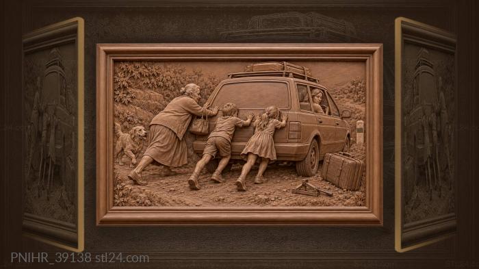 Family pushes stalled car along roadside 3d STL model