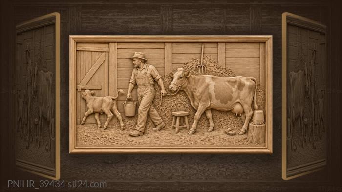 Farmer with cow and calf 3d STL model
