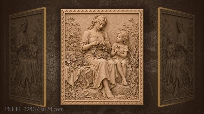 Woman braiding wildflowers with child 3d STL model