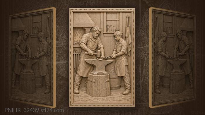 Helper holds horseshoe while blacksmith hammers 3d STL model