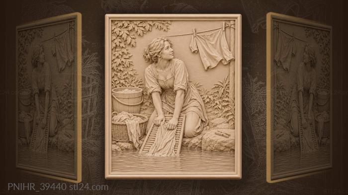 Washerwoman scrubs linen by the stream 3d STL model