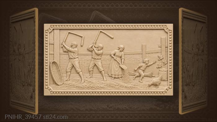Threshing scene with workers and birds 3d STL model