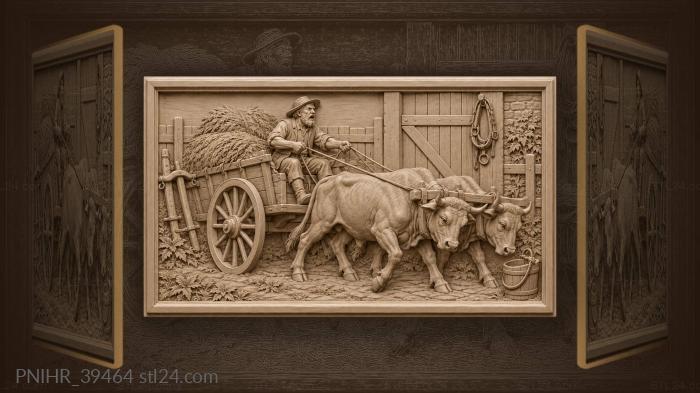 Teamster guides a hay cart through farmyard 3d STL model