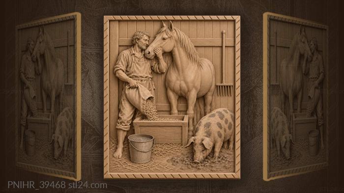 Worker feeds the mare beside a pig 3d STL model