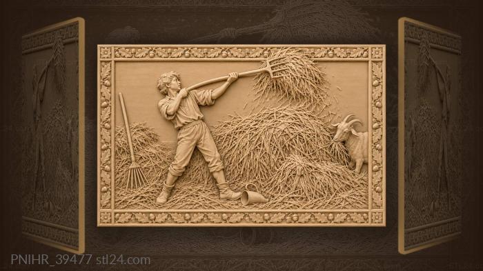 Goat grazes while the youth gathers hay 3d STL model