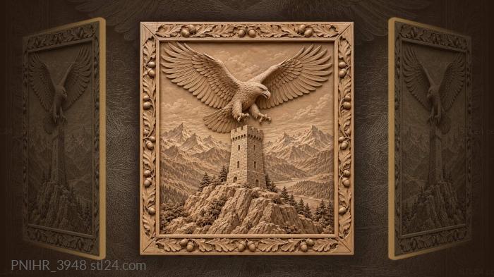 Eagle above a square mountain tower 3d STL model