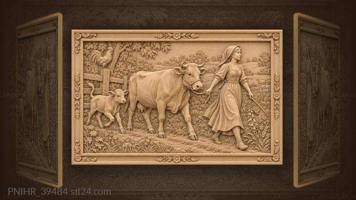 Veiled girl leads cow beyond the rooster 3d STL model
