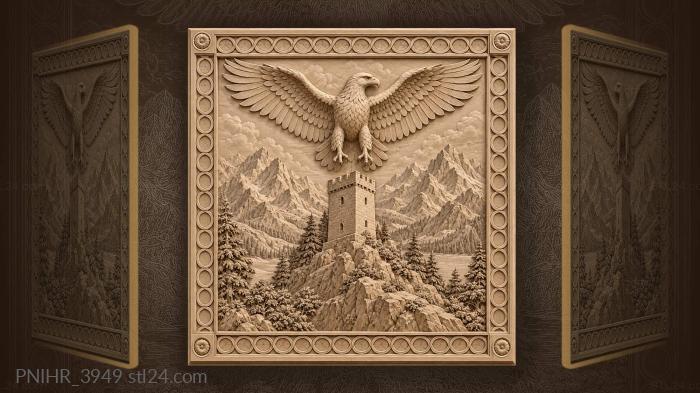 Tower among peaks beneath soaring eagle 3d STL model
