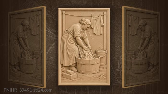 Laundress rubs stain beside steaming bucket 3d STL model