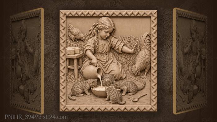 Girl with kittens and milk 3d STL model