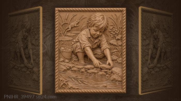 Boy building a tiny stream dam 3d STL model