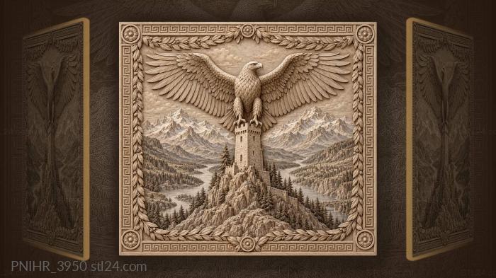 Stone tower above river and snowy mountains 3d STL model