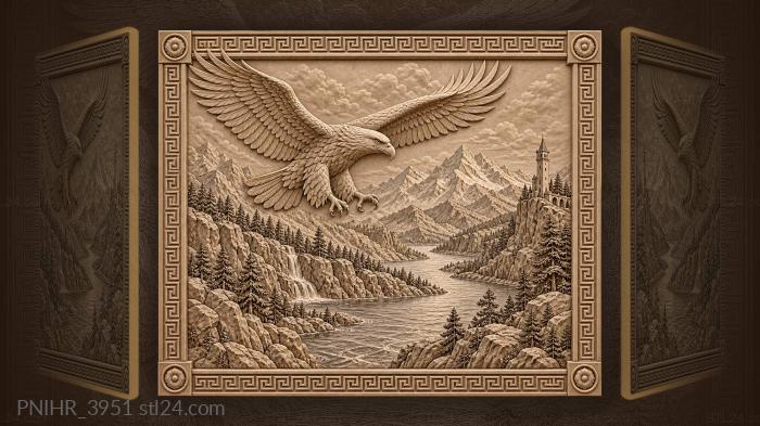 River and a far tower beneath an eagle 3d STL model