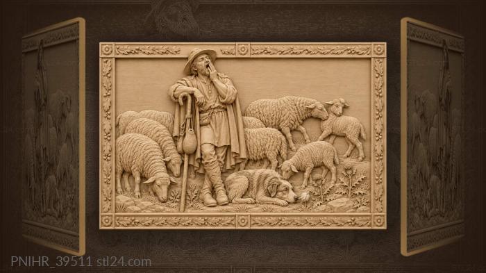 Shepherd dog rests among grazing sheep 3d STL model